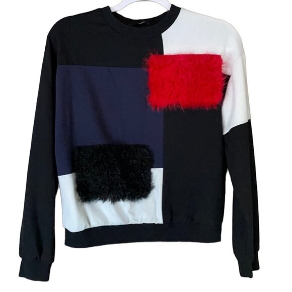 SHEIN Cut and Sew Sweatshirt Faux Fur Black Red Colorblock Size Small - Picture 1 of 9